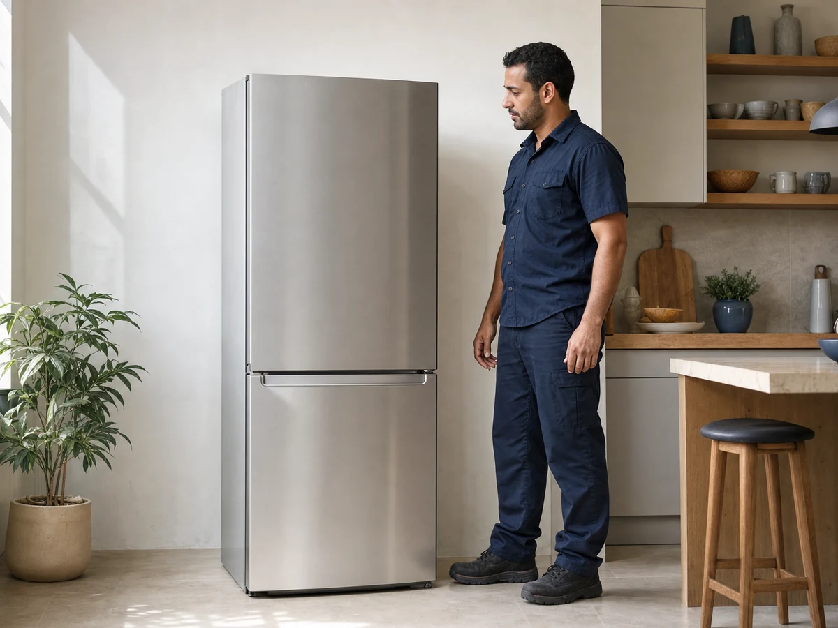 Technician beside household refrigerator — illustrative service photo