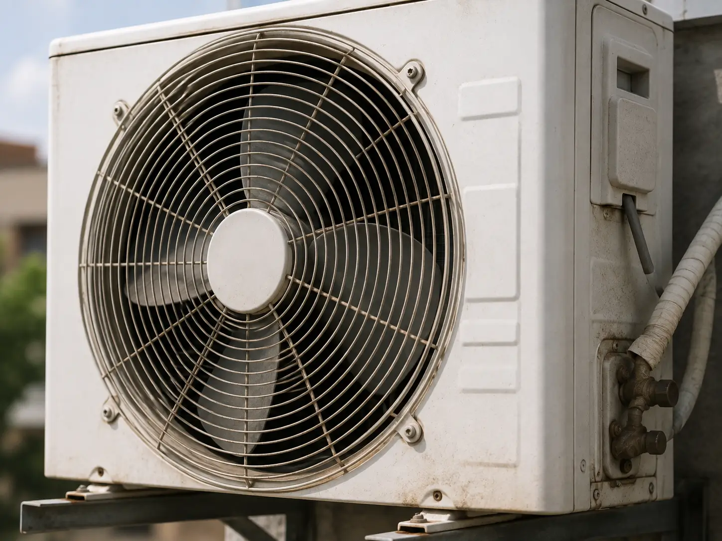 Technician re-securing an AC outdoor unit that vibrates