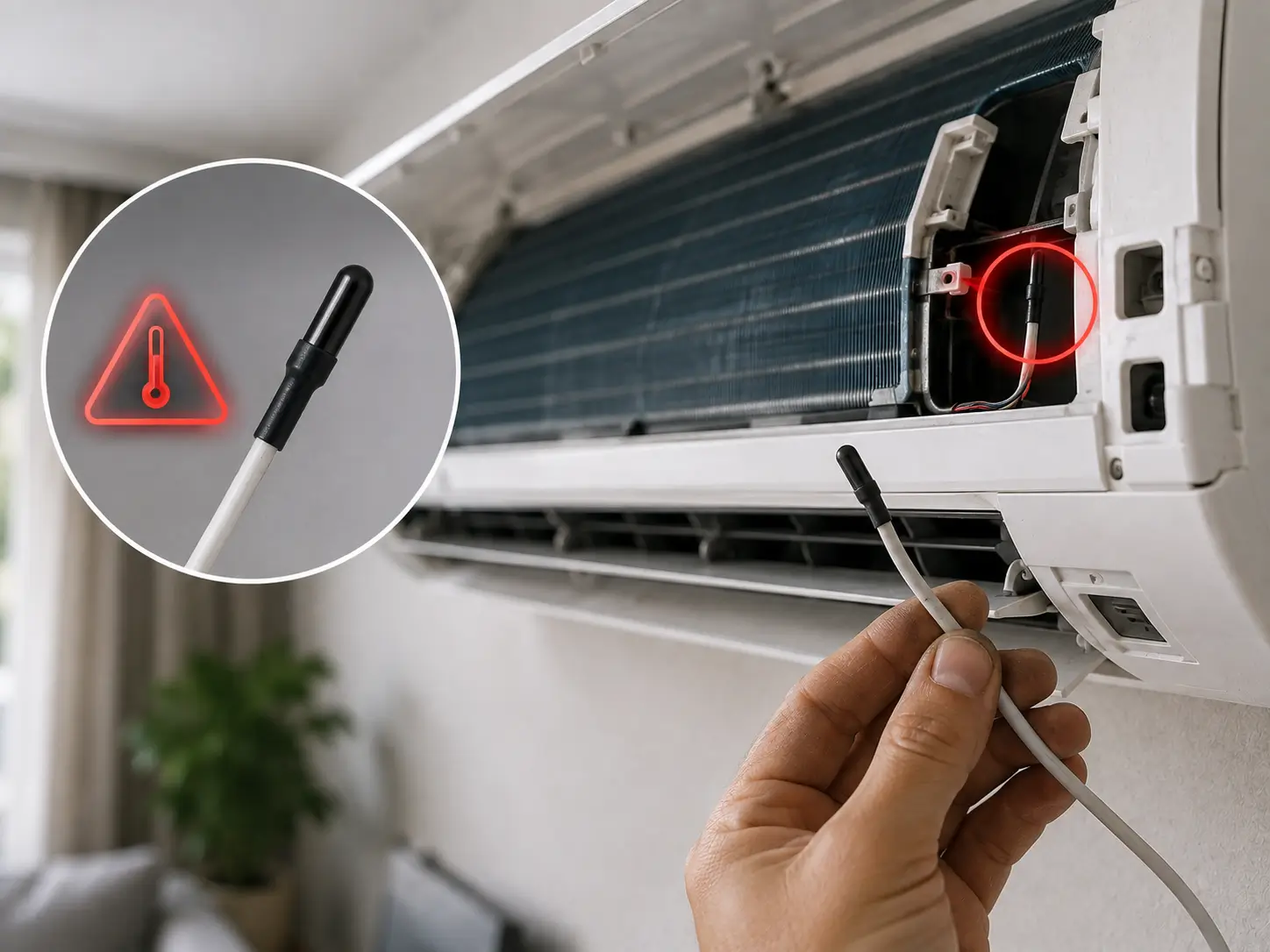 Technician testing an AC temperature sensor and its wiring