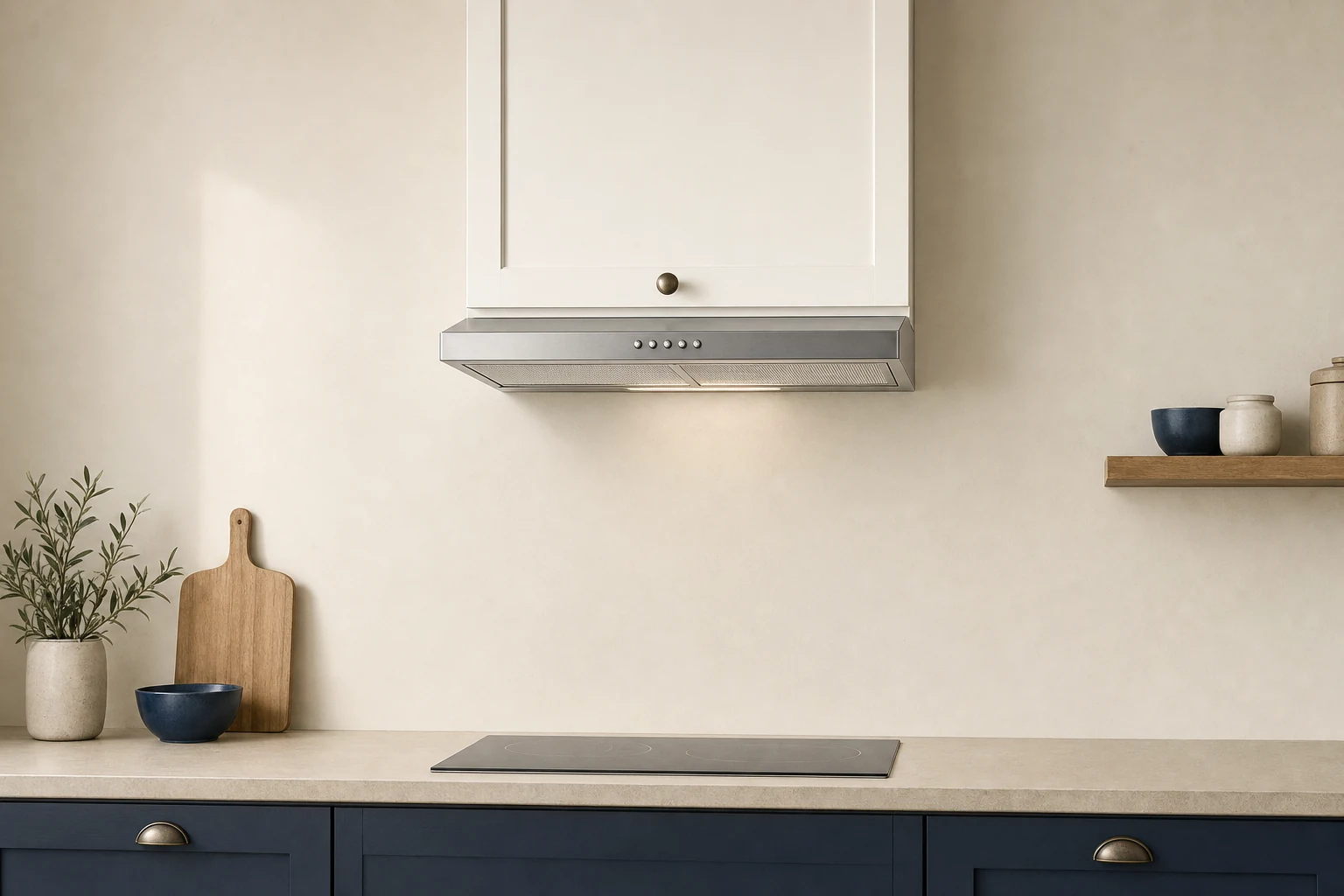 A slim flat under-cabinet cooker hood, simple shallow rectangular stainless steel body with front control buttons and aluminum mesh underside, mounted under a white kitchen cabinet over a cold hob